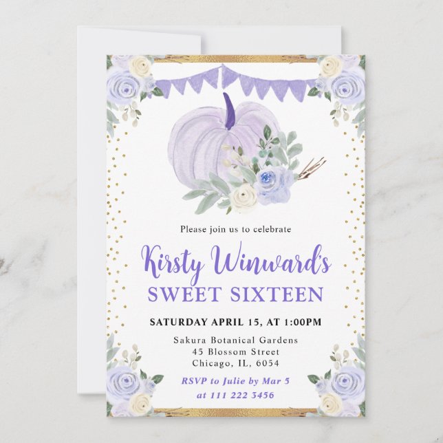Pastel Purple Floral Pumpkin Fall Sweet 16 Invitation (Front)
