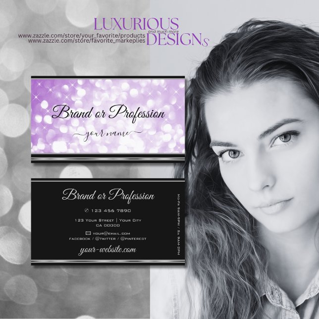 Pastel Purple Glitter Stars Lilac Black and Silver Business Card (Creator Uploaded)