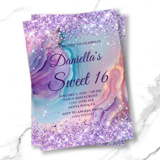 Pastel Purple Glittery Blue Pink Agate Sweet 16 Invitation