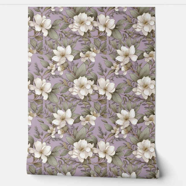 Pastel purple gold and sage white magnolia flowers wallpaper (Unrolling)