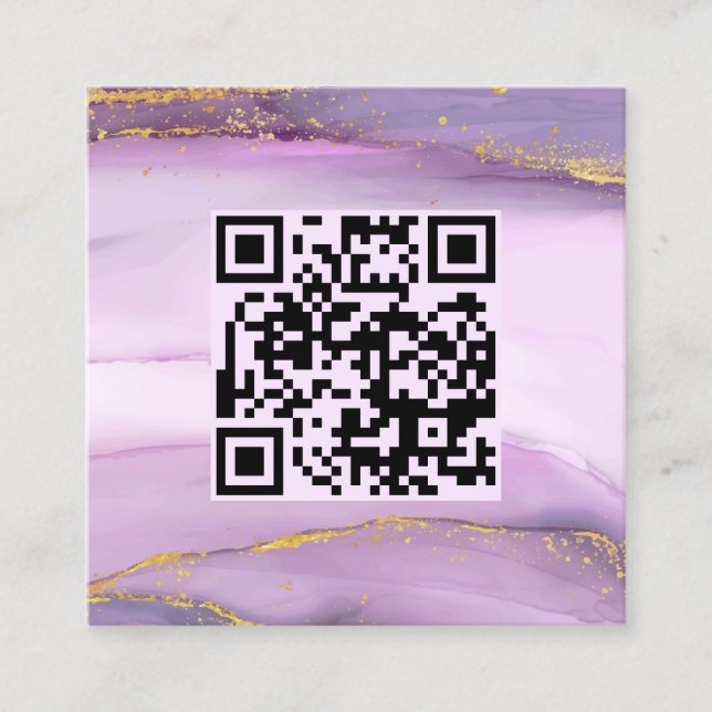 Pastel Purple Gold Edges QR Code Minimalist Chic Square Business Card (Front)