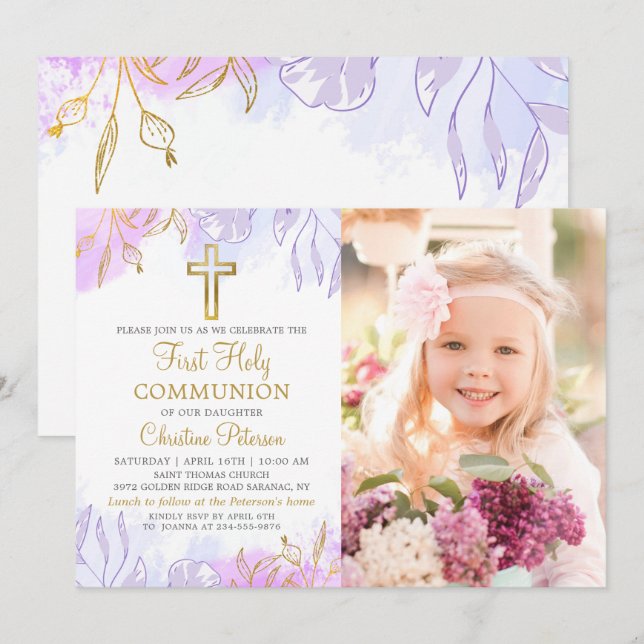 Pastel Purple Gold Floral First Communion Photo Invitation (Front/Back)
