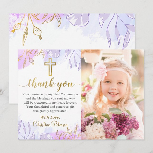 Pastel Purple Gold Floral First Communion Photo Thank You Card (Front/Back)