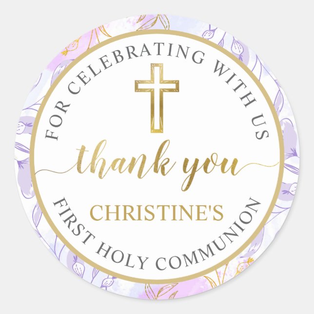 Pastel Purple Gold Floral First Holy Communion Classic Round Sticker (Front)