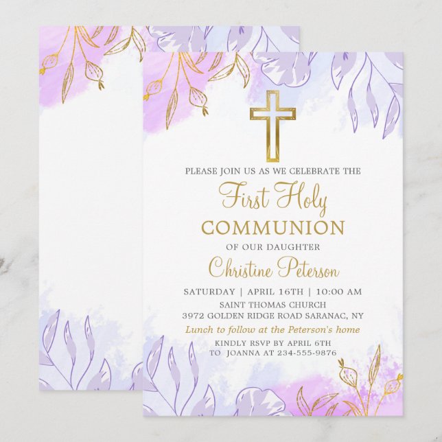 Pastel Purple Gold Floral First Holy Communion Invitation (Front/Back)