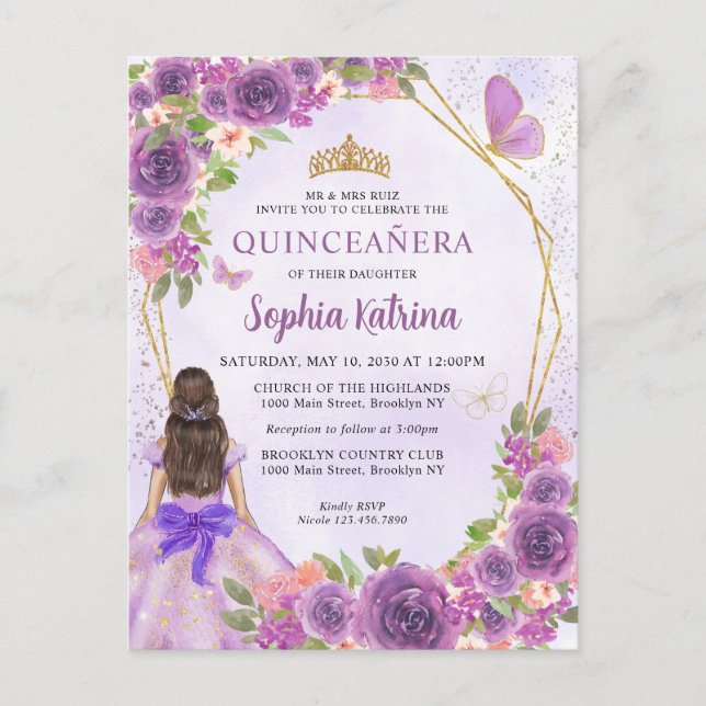 Pastel Purple Gold Floral Princess Quinceañera Invitation Postcard (Front)
