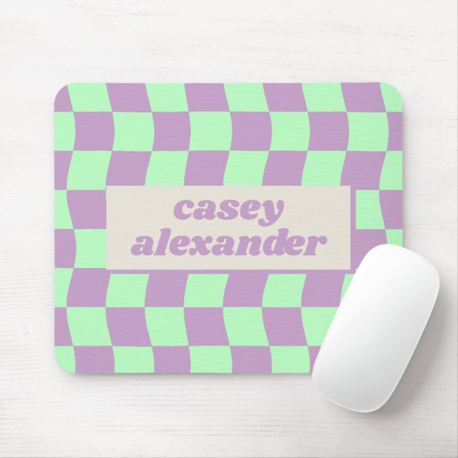 Pastel Purple Green Wavy Chequerboard Pattern Name Mouse Mat (With Mouse)