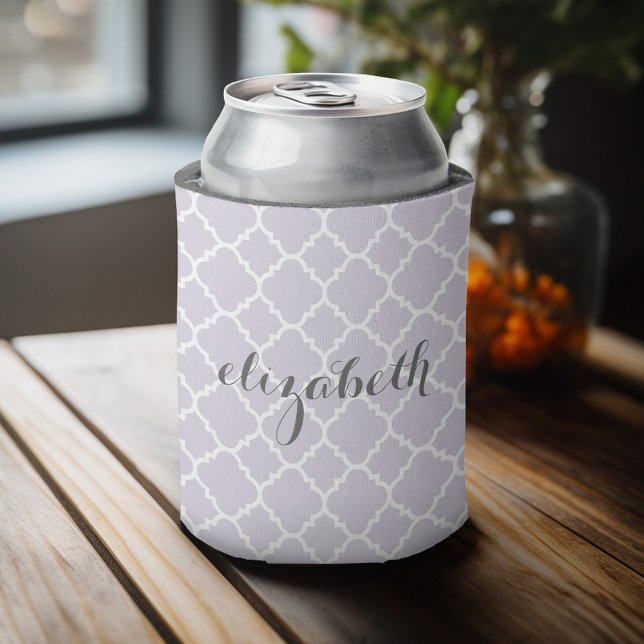Pastel Purple Grey Quatrefoil Pattern Custom Name Can Cooler (Personalized can cooler with a place to add a name or other custom text)