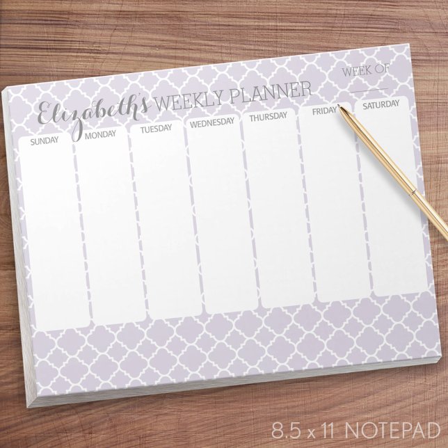 Pastel Purple Grey Quatrefoil with Weekly Planner Notepad (Weekly Planner Notepad - Personalized)