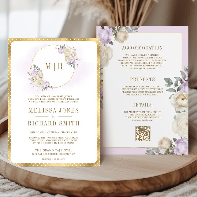 Pastel Purple Ivory Floral Gold All in One Wedding Invitation (Creator Uploaded)