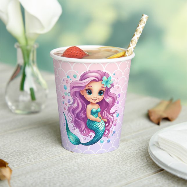 Pastel Purple Little Mermaid Watercolor Birthday Paper Cups (Insitu)