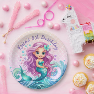Pastel Purple Little Mermaid Watercolor Birthday Paper Plate