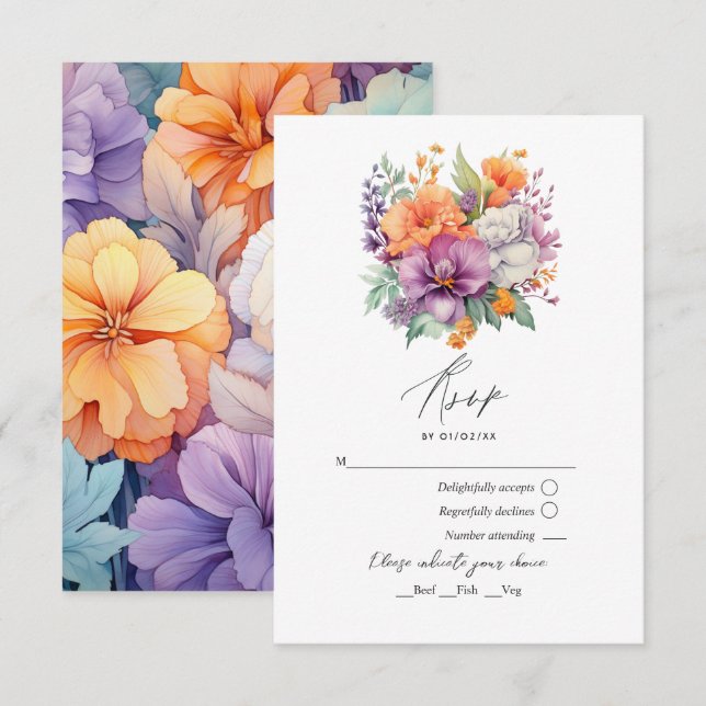 Pastel Purple, Orange and Mint Floral Wedding RSVP Card (Front/Back)