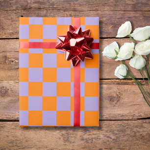 Pastel Purple Orange Checkered Checkerboard Wrapping Paper