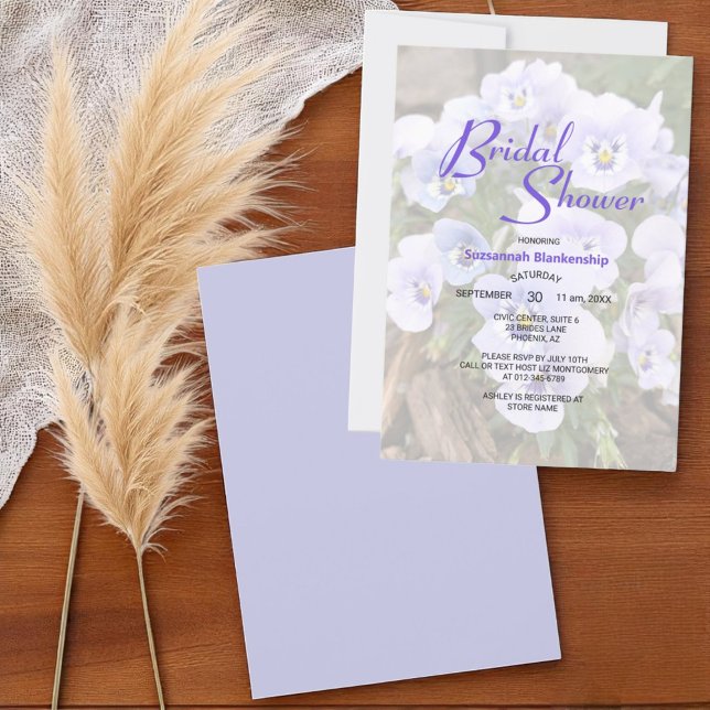Pastel Purple Pansies Photo Bridal Shower Template (front template text back solid color bridal shower invitation)