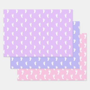 PASTEL PURPLE PERIWINKLE PINK ROWS OF BABY FEET WRAPPING PAPER SHEET
