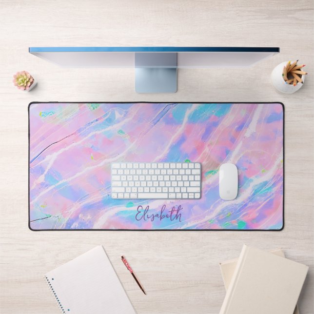 Pastel Purple Pink Blue Holographic Girly Add Name Desk Mat (Office 1)