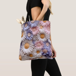 PASTEL PURPLE PINK PEACH WHITE DAISY FLOWERS TOTE BAG