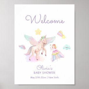 Pastel Purple Princess Unicorn Baby Shower Welcome Poster