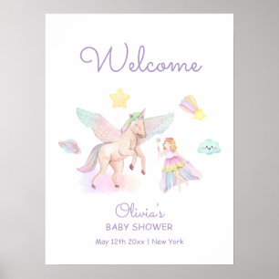 Pastel Purple Princess Unicorn Baby Shower Welcome Poster