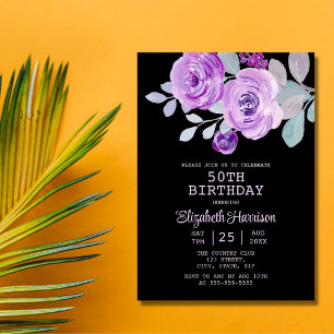Pastel Purple Rose Floral Black 50th Birthday  Invitation