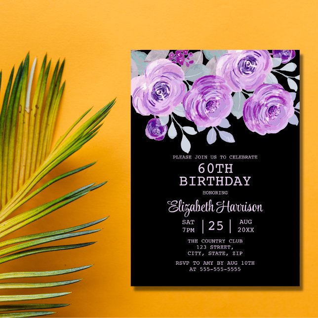 Pastel Purple Rose Floral Black 60th Birthday  Invitation (Creator Uploaded)