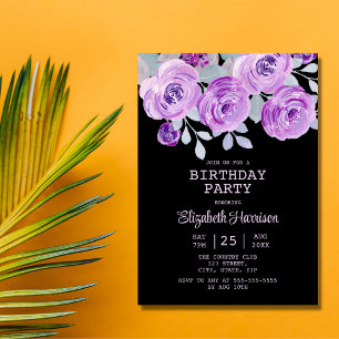 Pastel Purple Rose Floral Black Birthday Party Invitation