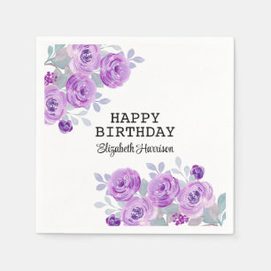 Pastel Purple Rose Floral Greenery Happy Birthday Napkin