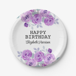 Pastel Purple Rose Floral Greenery Happy Birthday  Paper Plate