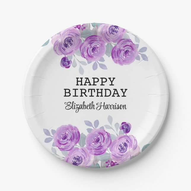 Pastel Purple Rose Floral Greenery Happy Birthday  Paper Plate (Front)