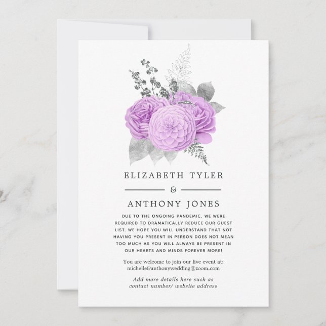 Pastel Purple & Silver Reduced Wedding Guest List Announcement (Front)