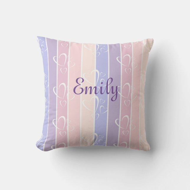 pastel purple stripes heart valentines  cushion (Front)