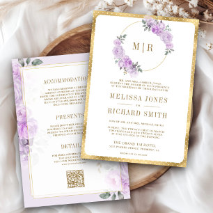 Pastel Purple Watercolor Floral All in One Wedding Invitation