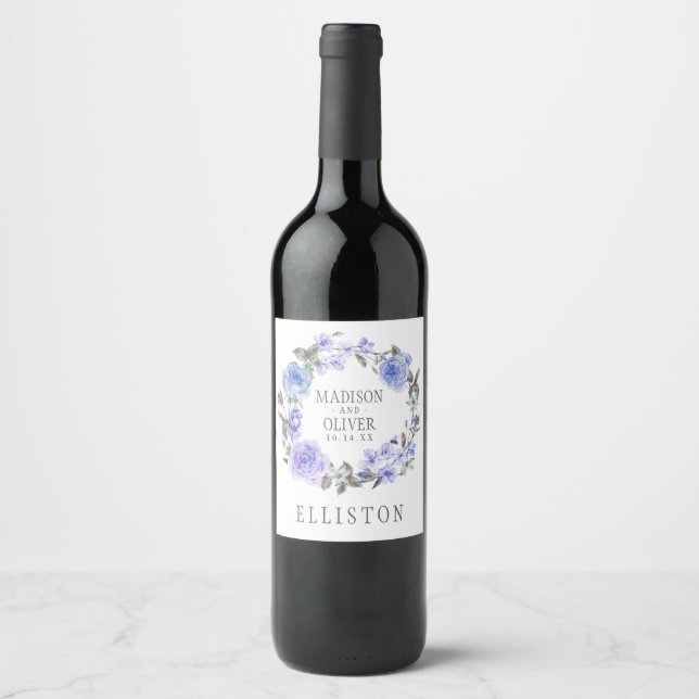 Pastel Purple Watercolor Floral | Wedding Wine Label (Front)