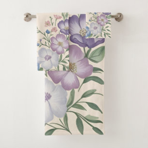 Pastel Purple, White & Blue Botanical Floral Print Bath Towel Set