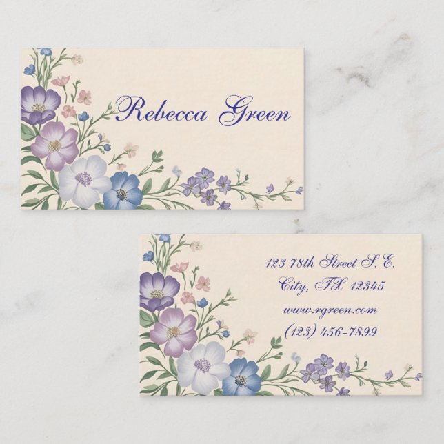 Pastel Purple, White & Blue Botanical floral Print Business Card (Front/Back)
