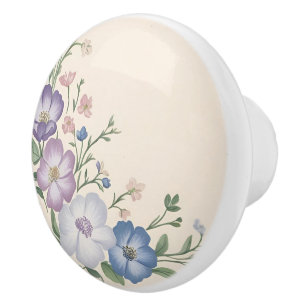 Pastel Purple, White & Blue Botanical Floral Print Ceramic Knob