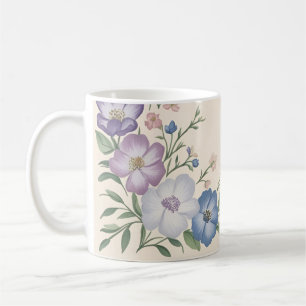 Pastel Purple, White & Blue Botanical Floral Print Coffee Mug