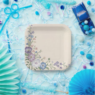 Pastel Purple, White & Blue Botanical Floral Print Paper Plate