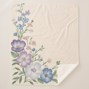 Pastel Purple, White & Blue Botanical Floral Print Sherpa Blanket