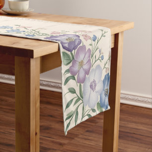 Pastel Purple, White & Blue Botanical Floral Print Short Table Runner