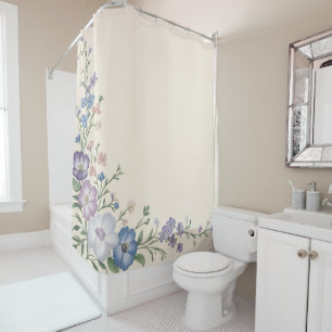 Pastel Purple, White & Blue Botanical Floral Print Shower Curtain