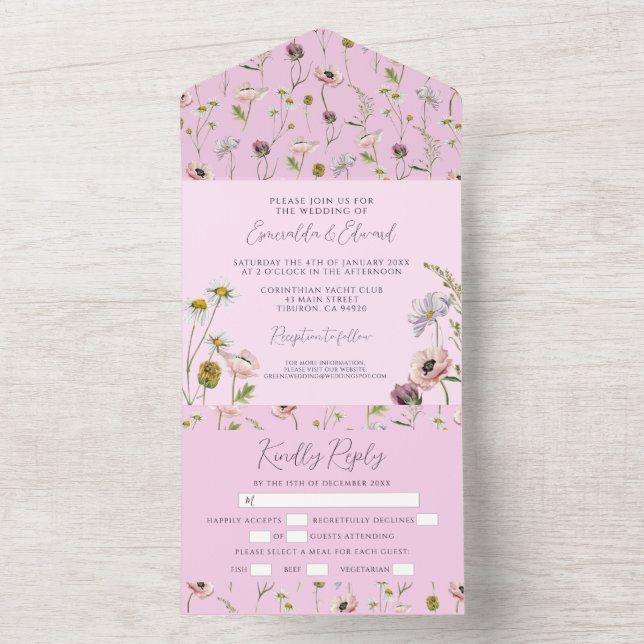 Pastel Purple Wild Flower Botanical Wedding  All In One Invitation (Inside)