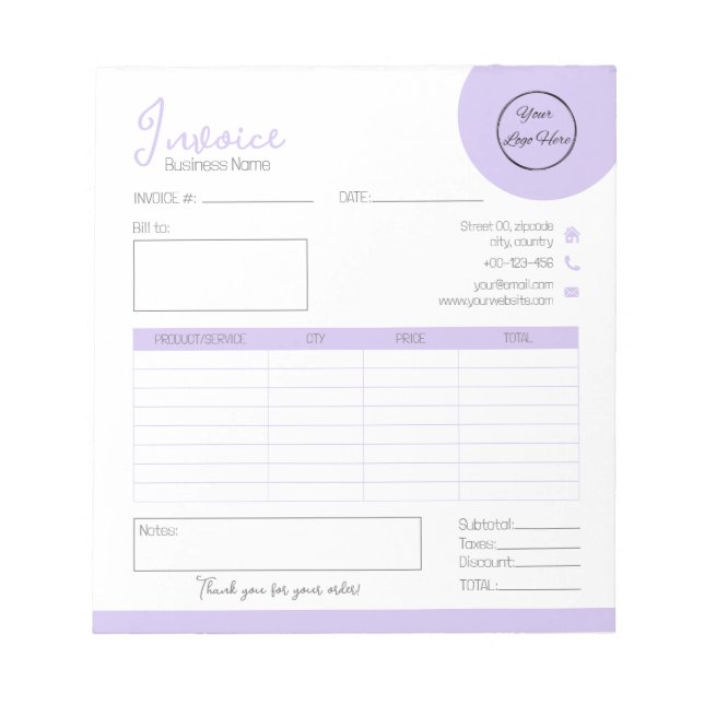 Pastel purple with logo feminine business invoice notepad (Front)