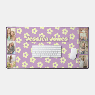 Pastel Purple Yellow Cute Daisy Name Photo Collage Desk Mat
