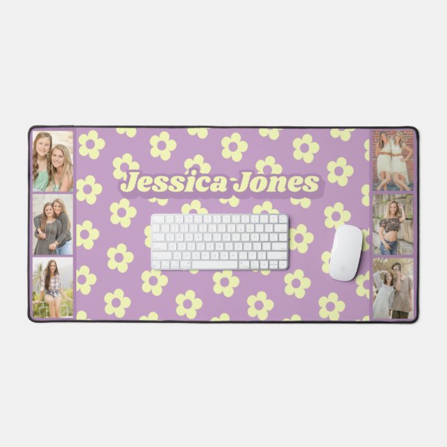 Pastel Purple Yellow Cute Daisy Name Photo Collage Desk Mat (Keyboard & Mouse)