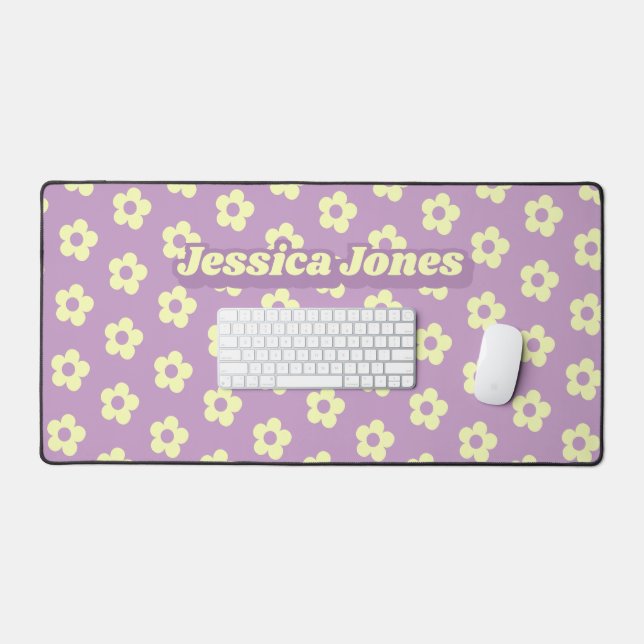 Pastel Purple Yellow Cute Daisy Retro Name Desk Mat (Keyboard & Mouse)
