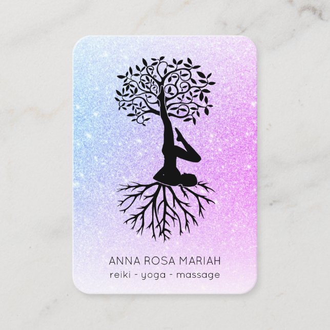 *~*  Pastel QR Man Tree of Life Yoga Woman  Business Card (Front)