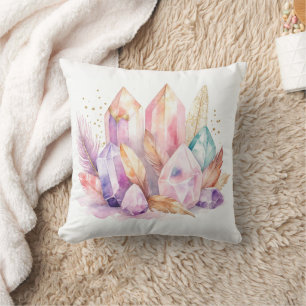 Pastel Quartz Crystals Feathers & Gold Cushion