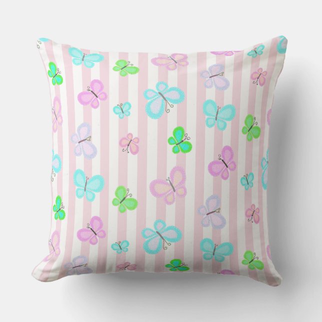 Pastel Quilty Butterflies on Pink White Stripe Cushion (Front)